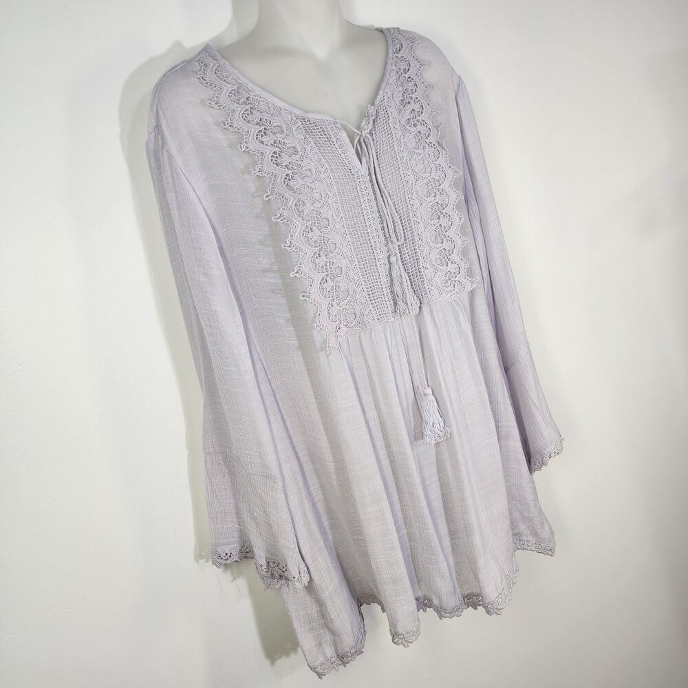 Cal Style Top Women XL Bo Crochet Yoke Tie Front Tunic Tassel Lightweight Purple - Picture 3 of 11